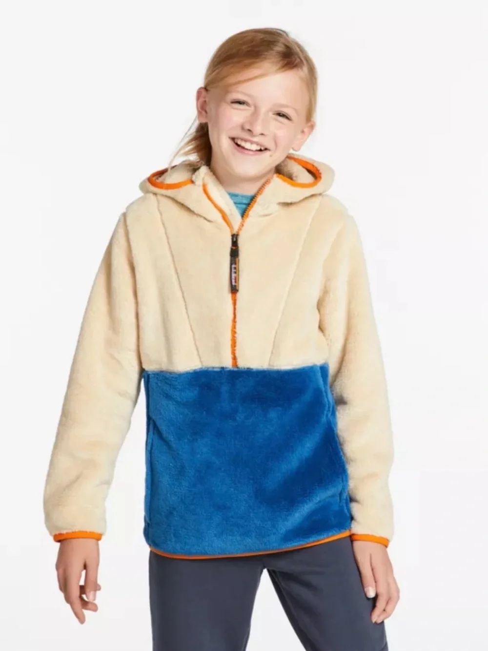 L.L.Bean Kids Hi-Pile Fleece Hooded Pullover, Colorblock Size 6-7